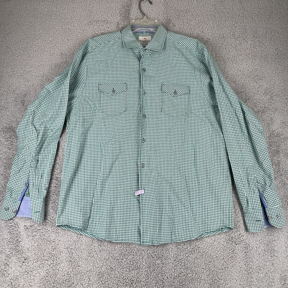 Tommy Bahama Jeans Shirt Mens LARGE Green Check Cuff Hidden Button Down Office